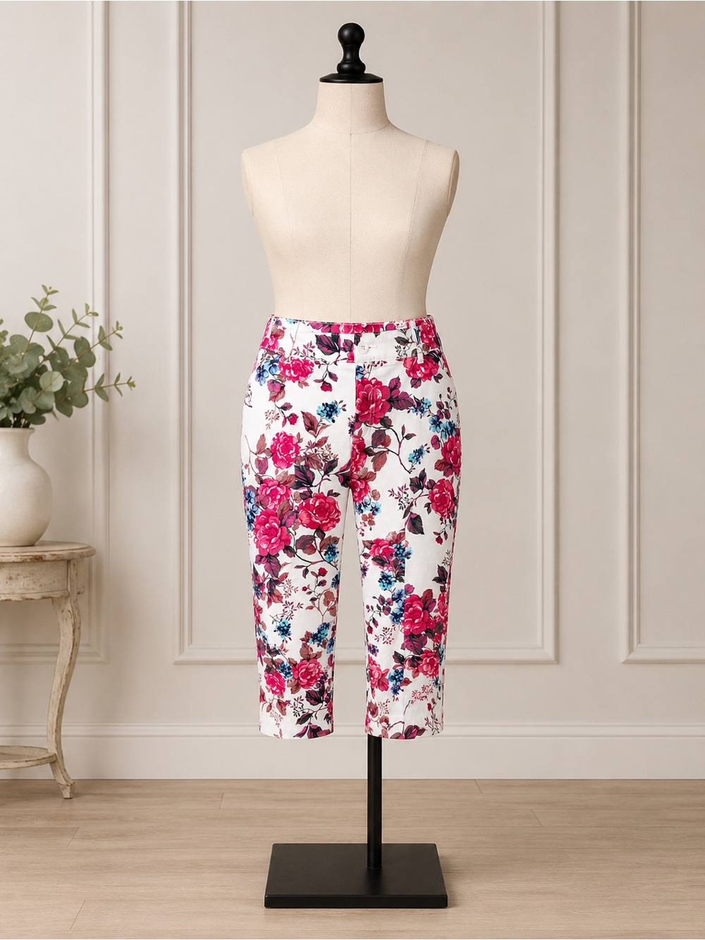 St. John's Bay White Floral Pants with Pink & Blue Blooms
